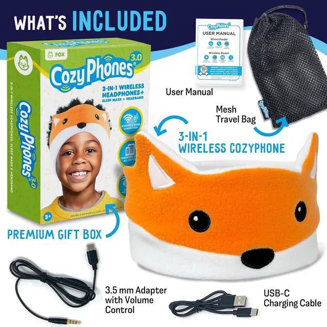 Alt view image 4 of 5 - Toddler Headphones Wireless, Kids Bluetooth Earphones, Safe Volume - Wired School Headphones for Kids with 3.5 MM Jack and Travel Bag - Toddler Airplane Accessories for Boys & Girls - Fox