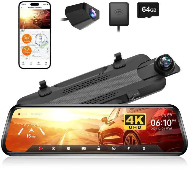 Main image of WOLFBOX G930 10'' Rear View Mirror Camera with 5.8GHz WiFi, 4K Dash Cam Front and Rear with WDR, Touch Screen Rearview Mirror Backup Camera, Parking Monitor, Reverse Assist, Includes 64GB Card & GPS