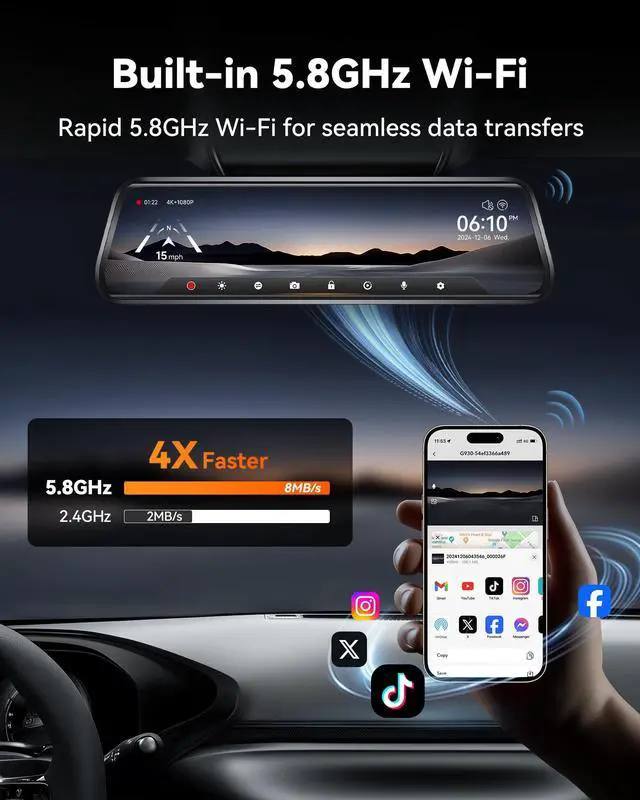 Alt view image 3 of 5 - WOLFBOX G930 10'' Rear View Mirror Camera with 5.8GHz WiFi, 4K Dash Cam Front and Rear with WDR, Touch Screen Rearview Mirror Backup Camera, Parking Monitor, Reverse Assist, Includes 64GB Card & GPS