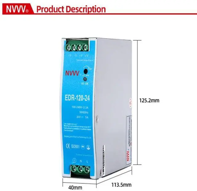 Alt view image 3 of 5 - NVVV EDR-120-24 120W 24VDC 5Amp Industrial DIN Rail Power Supplies (24V 120W), Silver