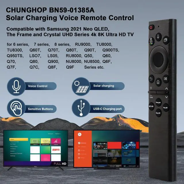 Alt view image 2 of 5 - BN59-01385A Solar Power Voice Remote Control for Samsung Smart TVs, RMCSPB1EP1 Remote Compatible with Samsung 2021 Neo QLED, The Frame and Crystal UHD Series 4k 8K Ultra HD TV