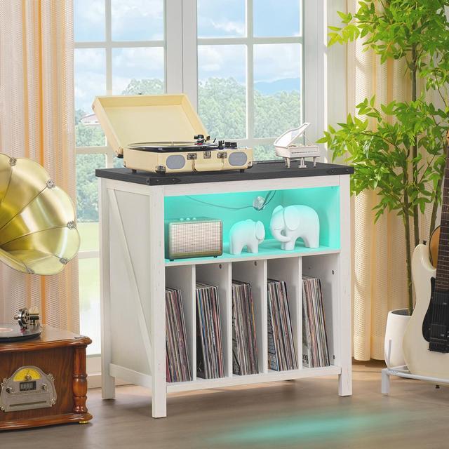 Alt view image 2 of 5 - Joaxswe Large Record Player Stand with Charging Station & LED Lights, White Vinyl Record Storage Table Holds up to 230 Albums, Turntable Stand with Display Shelf for Music Room Bedroom Living Room