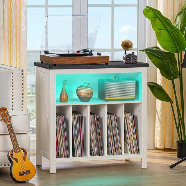 Alt view image 3 of 5 - Joaxswe Large Record Player Stand with Charging Station & LED Lights, White Vinyl Record Storage Table Holds up to 230 Albums, Turntable Stand with Display Shelf for Music Room Bedroom Living Room