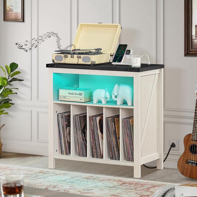 Alt view image 4 of 5 - Joaxswe Large Record Player Stand with Charging Station & LED Lights, White Vinyl Record Storage Table Holds up to 230 Albums, Turntable Stand with Display Shelf for Music Room Bedroom Living Room