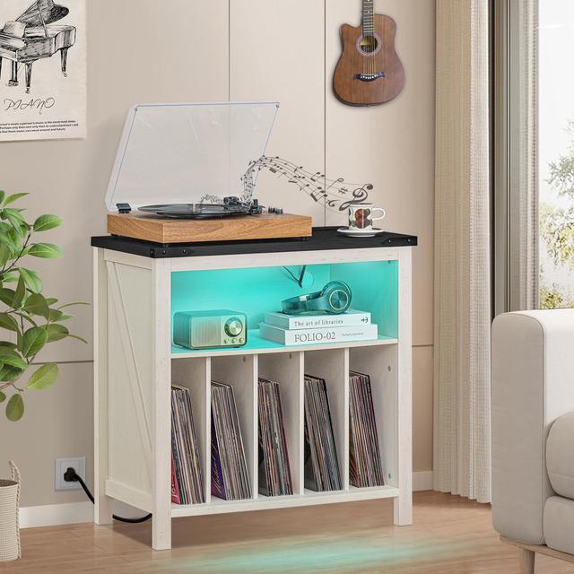 Alt view image 5 of 5 - Joaxswe Large Record Player Stand with Charging Station & LED Lights, White Vinyl Record Storage Table Holds up to 230 Albums, Turntable Stand with Display Shelf for Music Room Bedroom Living Room