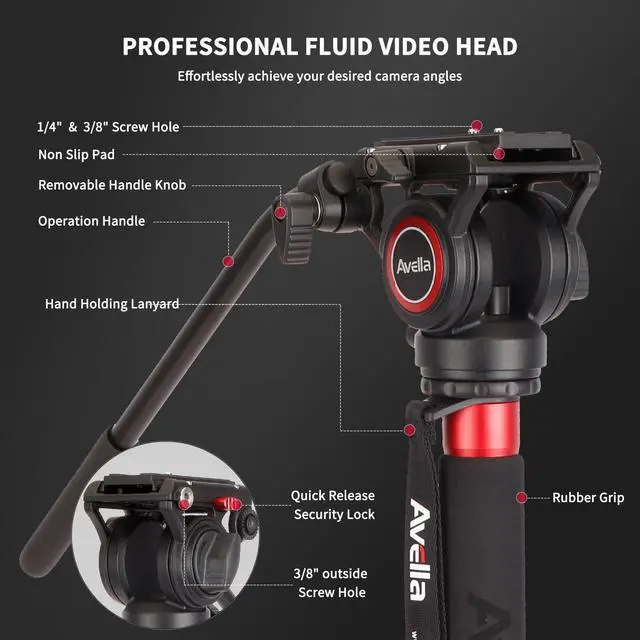Alt view image 2 of 5 - Avella CD324 Carbon Fiber Video Monopod Kit, with Fluid Head and Removable feet, 71 Inch Max Load 13.2 LB for Canon Nikon Sony Olympus Panasonic DSLR Camera