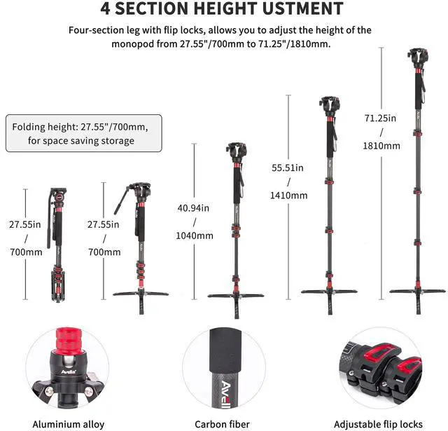 Alt view image 4 of 5 - Avella CD324 Carbon Fiber Video Monopod Kit, with Fluid Head and Removable feet, 71 Inch Max Load 13.2 LB for Canon Nikon Sony Olympus Panasonic DSLR Camera