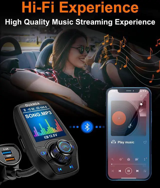 Alt view image 2 of 5 - Upgraded Bluetooth FM Transmitter for Car, Wireless Radio Adapter Kit W 1.8" Color Display Hands-Free Call AUX in/Out SD/TF Card USB Fast Charge 18W for All Smartphones Audio Players - Matte Black