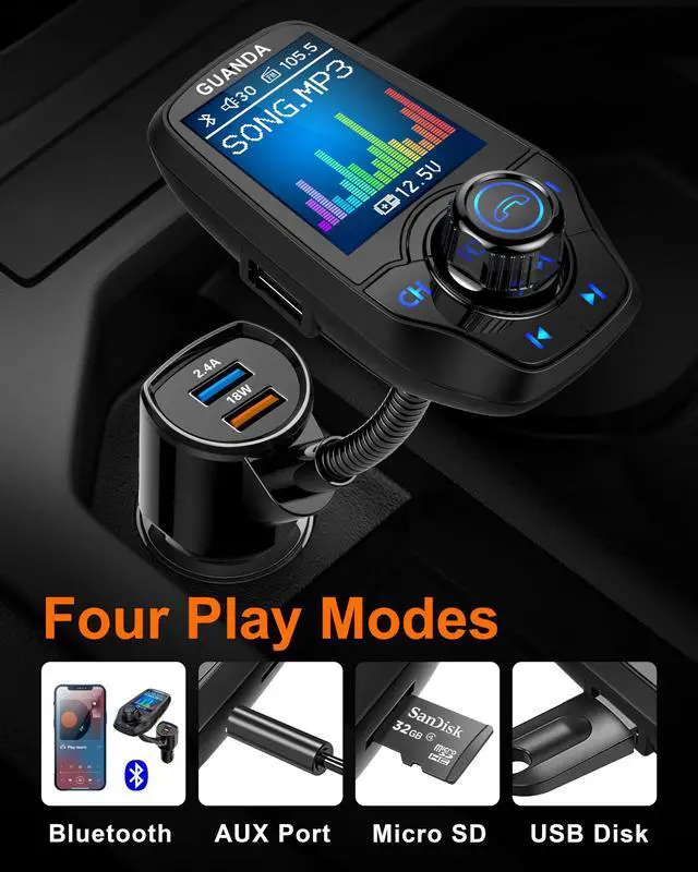 Alt view image 3 of 5 - Upgraded Bluetooth FM Transmitter for Car, Wireless Radio Adapter Kit W 1.8" Color Display Hands-Free Call AUX in/Out SD/TF Card USB Fast Charge 18W for All Smartphones Audio Players - Matte Black