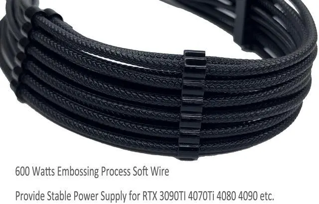 Alt view image 3 of 5 - Thsion PCIe Cable for Corsair, 16AWG Embossing Process 600W PCIe 5.0 / Gen 5 12VHPWR PSU Cable - Fits RM, HX, AX, SF PSU's only - Dual 8-pin PCIe - 12+4pin Connector with Cable Clips - Black