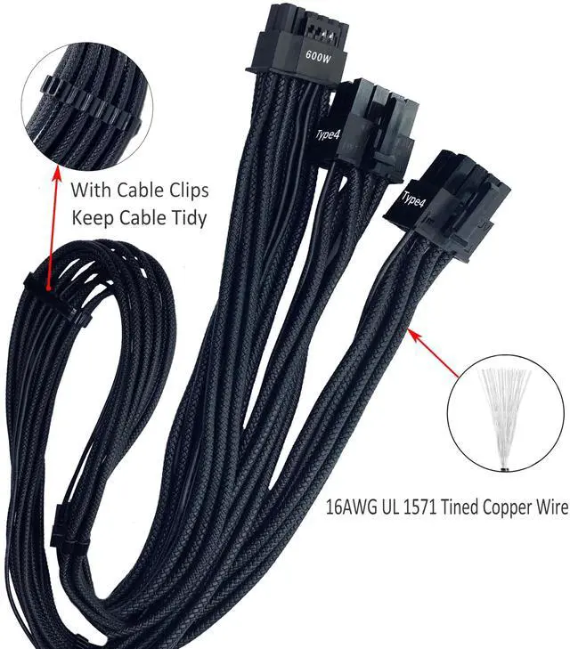 Alt view image 2 of 5 - Thsion PCIe Cable for Corsair, 16AWG Embossing Process 600W PCIe 5.0 / Gen 5 12VHPWR PSU Cable - Fits RM, HX, AX, SF PSU's only - Dual 8-pin PCIe - 12+4pin Connector with Cable Clips - Black
