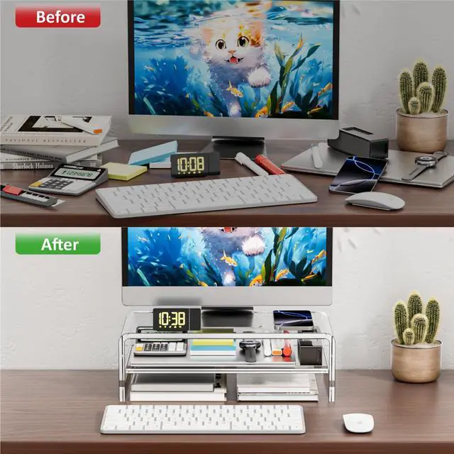 Alt view image 4 of 5 - Egchi Acrylic Monitor Stand Riser, 2 Tier Clear Computer Monitor Stand for Home Office Business, PC Desk Stand Monitor Riser for Keyboard Storage, Laptop, Printer and TV Screen -12x7.2x5.12 inches