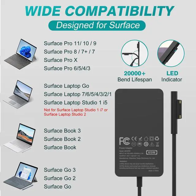 Alt view image 2 of 5 - 65W Surface Pro Laptop Charger for Microsoft Surface Pro 10, 9, 8, 7+, 7, 6, 5, 4, 3, X, Windows Surface Laptop 6, 5, 4, 3, 2, 1, Surface Go Tablet, Surface Book 3, 2, 1, Support 44W, 36W, LED, 10FT