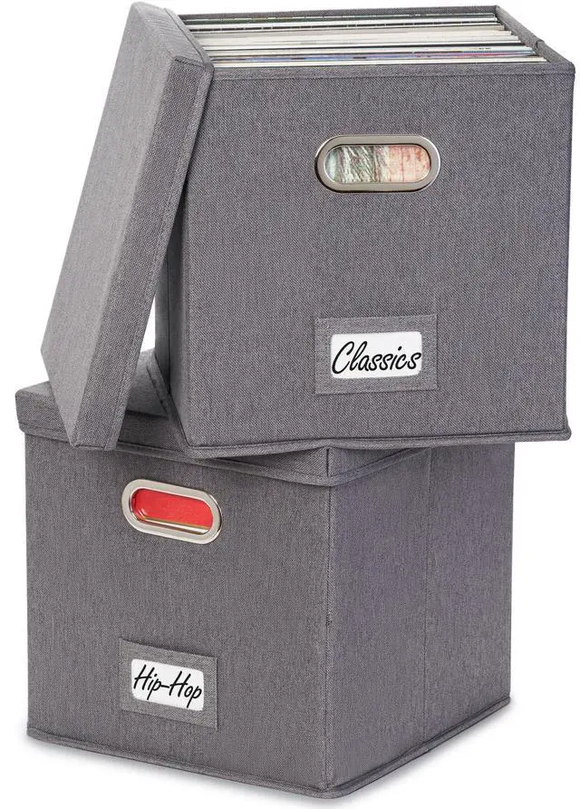 Main image of ZICOTO Decorative Vinyl Record Storage Box for 50+ Single Records - Sturdy and Easy to Carry LP Holder with Lid - The Perfect Storage Crate for Your Valuable Album Collection