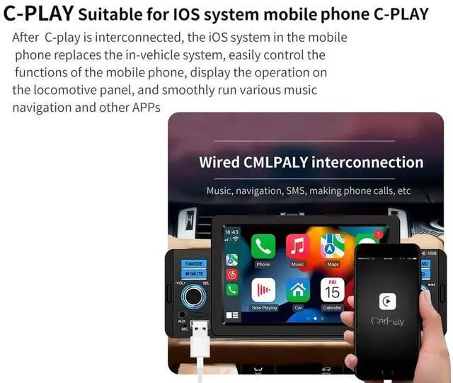 Alt view image 4 of 5 - Single Din Car Stereo with Apple Carplay & Android Auto, 5 Inch HD Touch Screen Car Stereo with Bluetooth/FM/USB/SD Port, FM Car Radio Receiver Support Reversing Image