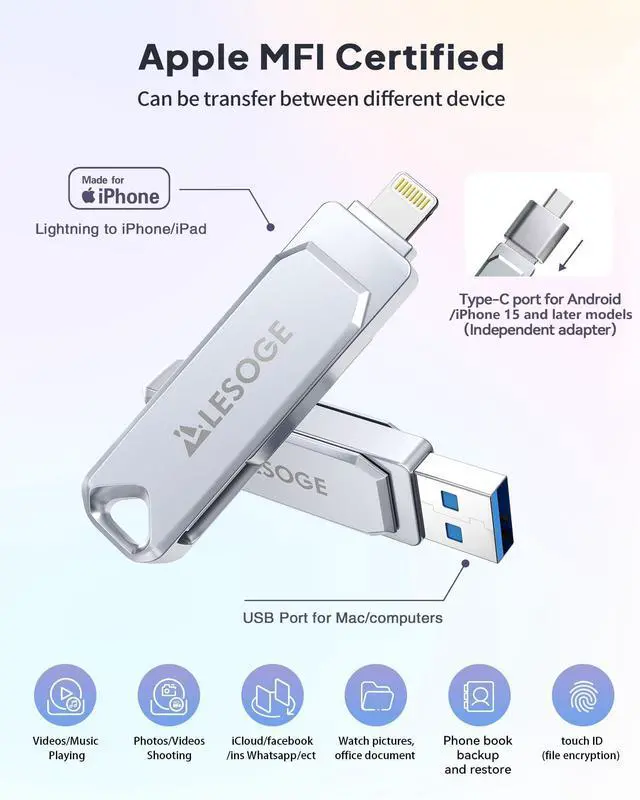 Alt view image 2 of 5 - MFi Certified 128GB Flash Drive for iPhone Photo Stick USB Memory Stick Thumb Drives, High Speed USB Stick External Storage for iPhone/iPad/Android/PC