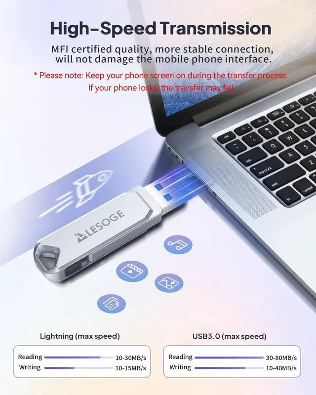 Alt view image 5 of 5 - MFi Certified 128GB Flash Drive for iPhone Photo Stick USB Memory Stick Thumb Drives, High Speed USB Stick External Storage for iPhone/iPad/Android/PC
