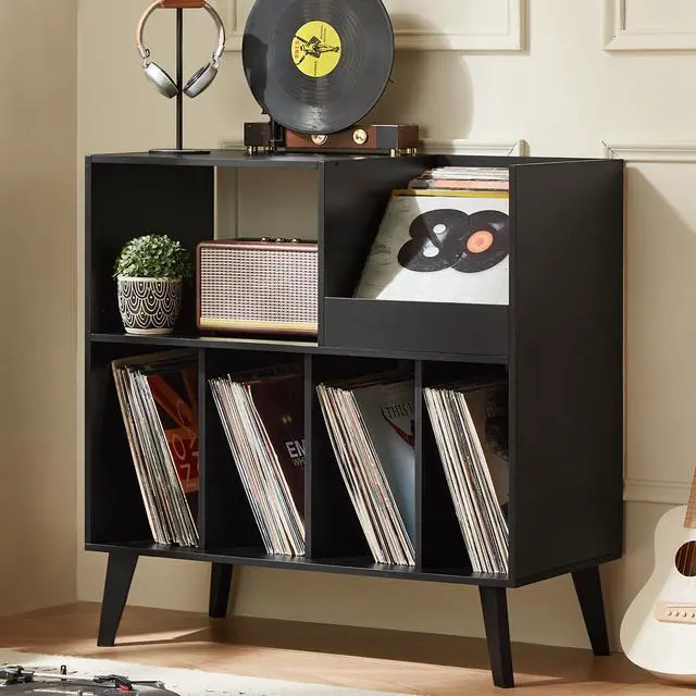 Main image of LELELINKY Large Record Player Stand, Turntable Stand with Storage, Vinyl Record Holder with Display Area, Record Player Table Holds Up to 300 Albums, Record Stand for Music room Living Room-Reto Black