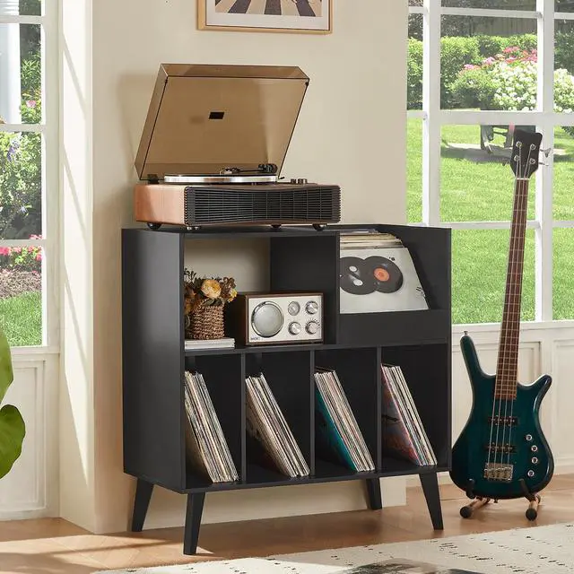 Alt view image 4 of 5 - LELELINKY Large Record Player Stand, Turntable Stand with Storage, Vinyl Record Holder with Display Area, Record Player Table Holds Up to 300 Albums, Record Stand for Music room Living Room-Reto Black