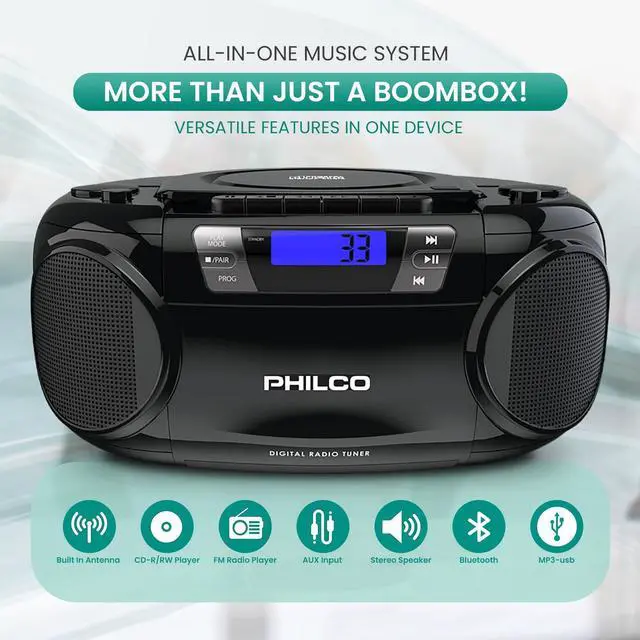 Alt view image 2 of 5 - Philco Portable CD Player Boombox Bluetooth with Cassette Player All in one Powerful Stereo Boom Box CD Radio Player for Home with Powerful Bass, FM Radio/USB/MP3/AUX Input