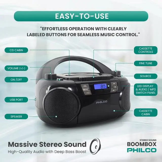 Alt view image 3 of 5 - Philco Portable CD Player Boombox Bluetooth with Cassette Player All in one Powerful Stereo Boom Box CD Radio Player for Home with Powerful Bass, FM Radio/USB/MP3/AUX Input