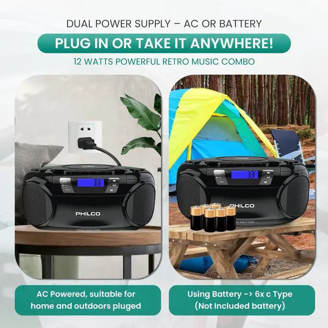 Alt view image 4 of 5 - Philco Portable CD Player Boombox Bluetooth with Cassette Player All in one Powerful Stereo Boom Box CD Radio Player for Home with Powerful Bass, FM Radio/USB/MP3/AUX Input