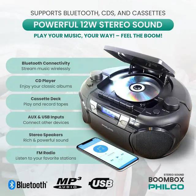 Alt view image 5 of 5 - Philco Portable CD Player Boombox Bluetooth with Cassette Player All in one Powerful Stereo Boom Box CD Radio Player for Home with Powerful Bass, FM Radio/USB/MP3/AUX Input