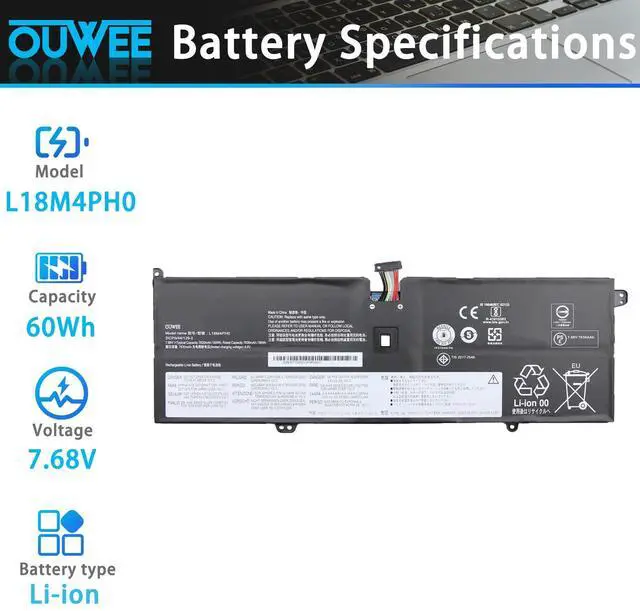 Alt view image 2 of 5 - OUWEE L18M4PH0 Laptop Battery Compatible with Lenovo Ideapad Yoga C940-14IIL Series Notebook 5B10T11585 5B10W67374 L18C4PH0 5B10T11586 5B10W67180 7.68V 60Wh 7820mAh 4-Cell