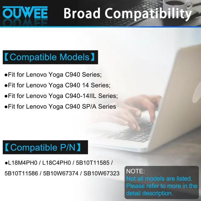 Alt view image 3 of 5 - OUWEE L18M4PH0 Laptop Battery Compatible with Lenovo Ideapad Yoga C940-14IIL Series Notebook 5B10T11585 5B10W67374 L18C4PH0 5B10T11586 5B10W67180 7.68V 60Wh 7820mAh 4-Cell