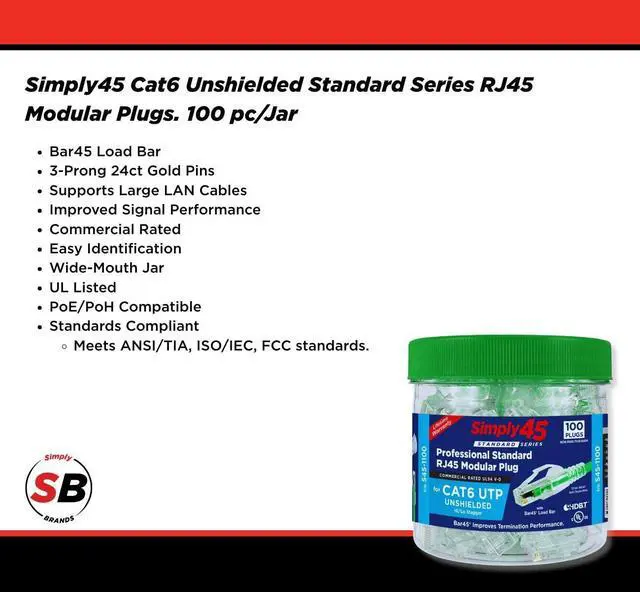 Alt view image 2 of 5 - Simply45 Cat 6/6a UTP Unshielded WE/SS RJ45 Standard Modular Plug with Bar45 Load Bar for Cat6/6a - Green Tint - 100-Piece Jar, 3 Prong Pin Design - S45-1100