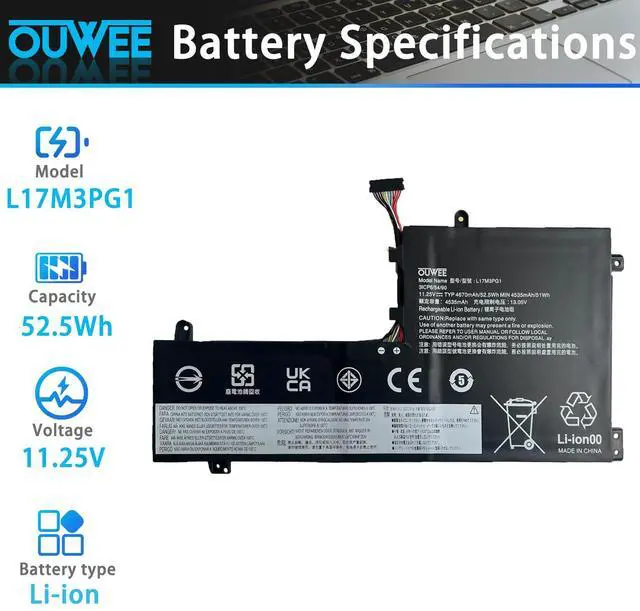 Alt view image 2 of 5 - OUWEE L17M3PG1 Laptop Battery Compatible with Lenovo Legion Y530-15ICH Y7000 2019 1050 Y7000-2019-PG0 Y540-15IRH-PG0 Y7000P Series Notebook L17L3PG1 L17M3PG3 L17C3PG1 11.25V 52.5Wh