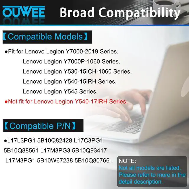 Alt view image 3 of 5 - OUWEE L17M3PG1 Laptop Battery Compatible with Lenovo Legion Y530-15ICH Y7000 2019 1050 Y7000-2019-PG0 Y540-15IRH-PG0 Y7000P Series Notebook L17L3PG1 L17M3PG3 L17C3PG1 11.25V 52.5Wh