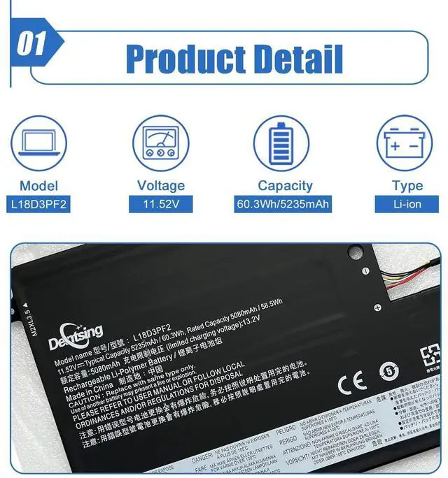 Alt view image 2 of 5 - Dentsing L18D3PF2 Laptop Battery Replac for Yoga C740-15IM C740-15IML C740-15 Series Notebook 5B10T83740 5B10W67402 L18M3PFA 5B10T83739 5B10W67258 11.52V 60.3Wh 5235mAh 3-Cell