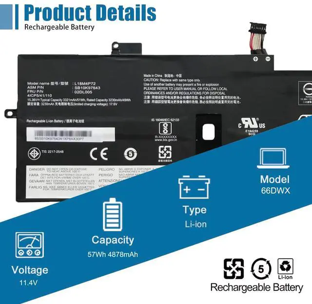 Alt view image 2 of 5 - VANPIR L18M4P72 L18C4P71 L18L4P71 Laptop Battery 15.36V 51Wh Compatible with Lenovo ThinkPad X1 Yoga 4th 5th Gen/X1 Carbon 7th 8th Gen Serie 02DL004 SB10K97642 02DL005 SB10K97643 02DL006 SB10K97644