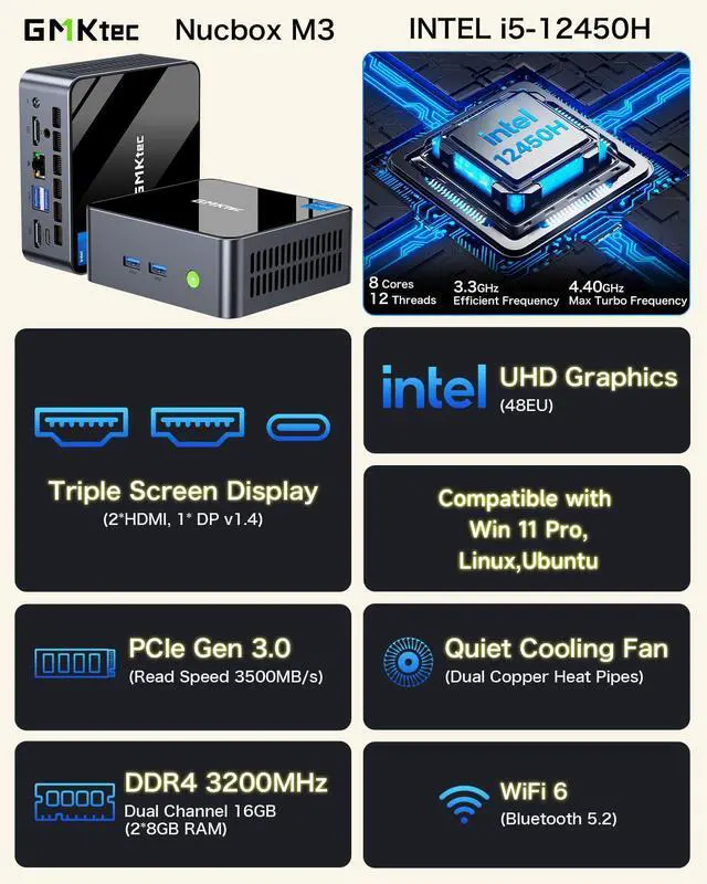 Alt view image 2 of 5 - GMKtec Mini Desktop Computer, M3 Intel Core i5 12450H (8C/12T, up to 4.40GHz) Mini PC 16GB DDR4 (8GB*2) 512GB SSD, 2X HDMI 4K, 4X USB 3.2, USB-C, WiFi 6, BT 5.2, RJ45 2.5G Black