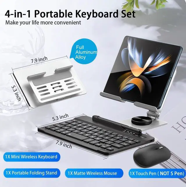 Alt view image 3 of 5 - for Samsung Galaxy Z Fold 7 6 5 4 Stand and Keyboard Mouse, Portable Mini Bluetooth Keyboard, Foldable Adjustable Aluminum Alloy Stand Holder for Desk, with Wireless Mouse and Pen