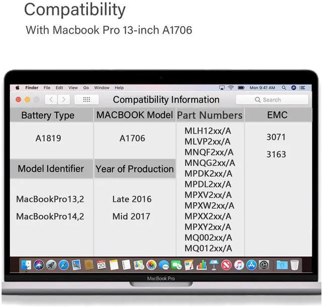 Alt view image 2 of 5 - XINGLT A1706 Replacement Battery for MacBook Pro, A1819 Battery for MacBook Pro 13 inch Laptop A1706(Late 2016 Mid 2017) 49.2WH 4320mAh,fits EMC 3071 3163 A1706 Laptop Battery