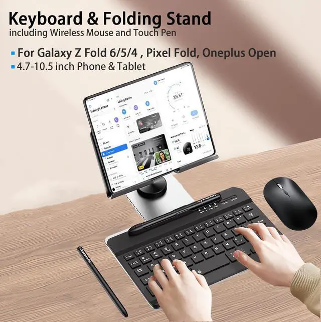 Alt view image 2 of 5 - for Samsung Galaxy Z Fold 7 6 5 4 Stand and Keyboard Mouse, Portable Mini Bluetooth Keyboard, Foldable Adjustable Aluminum Alloy Stand Holder for Desk, with Wireless Mouse and Pen