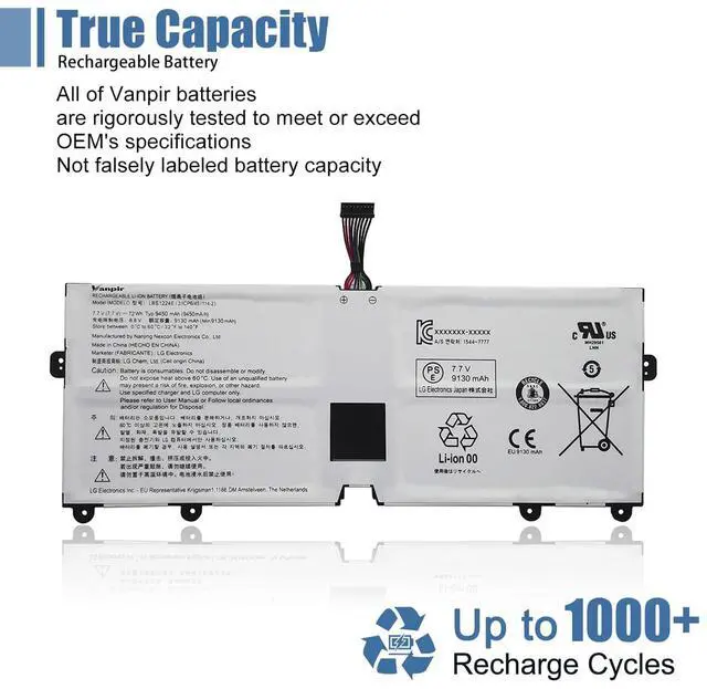 Alt view image 5 of 5 - VANPIR LBS1224E Laptop Battery Compatible with LG Gram 2018 13Z980 14Z980 15Z980 15Z990 Series Notebook 7.7V 72Wh 9450mAh Support 30 Days Return or Exchange and 12 Months Warranty