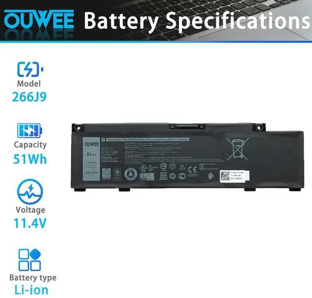 Alt view image 2 of 5 - OUWEE 266J9 Laptop Battery Compatible with Dell Inspiron 5490 Ins 15PR-1545W 1548BR 1645W 1648BR 1742BR 1742W 1748BR G3 3500 3590 G5 5500 5505 Serie 0415CG C9VNH 0PN1VN 0M4GWP MV07R 11.4V 51Wh 4255mAh