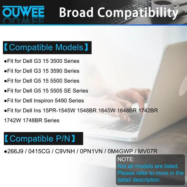 Alt view image 3 of 5 - OUWEE 266J9 Laptop Battery Compatible with Dell Inspiron 5490 Ins 15PR-1545W 1548BR 1645W 1648BR 1742BR 1742W 1748BR G3 3500 3590 G5 5500 5505 Serie 0415CG C9VNH 0PN1VN 0M4GWP MV07R 11.4V 51Wh 4255mAh