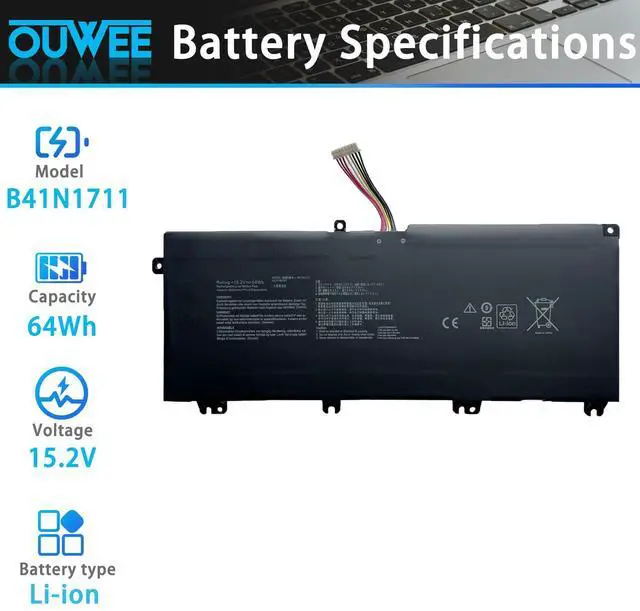 Alt view image 2 of 5 - OUWEE B41N1711 Laptop Battery Compatible with Asus TUF Gaming FX705DT-AU068T FX705DD FX705DU FX705DY-AU072 FX705GM FX705GE FX705GD Series B41Bn95 B41Bn9H 15.2V 64Wh 4110mAh(Long Cable)