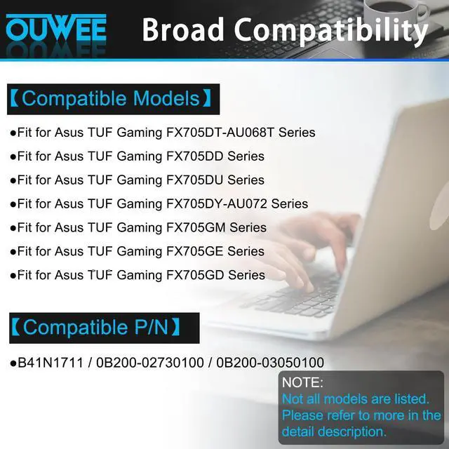 Alt view image 3 of 5 - OUWEE B41N1711 Laptop Battery Compatible with Asus TUF Gaming FX705DT-AU068T FX705DD FX705DU FX705DY-AU072 FX705GM FX705GE FX705GD Series B41Bn95 B41Bn9H 15.2V 64Wh 4110mAh(Long Cable)