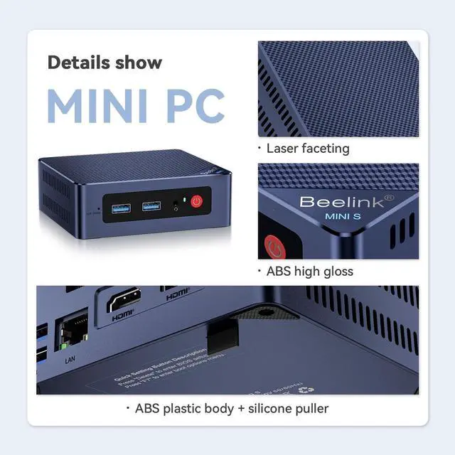 Alt view image 5 of 5 - Beelink Mini PC, Mini S12 Pro Intel 12th Gen 4-Core N100(up to 3.4GHz), Mini Computer 16GB DDR4 RAM 500GB SSD, Desktop PC Dual HDMI 4K UHD/Gigabit Ethernet/WiFi6/BT5.2/HTPC