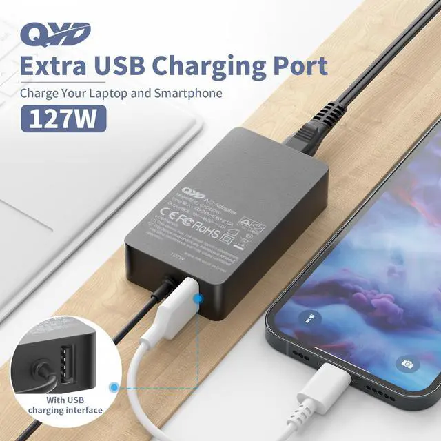 Alt view image 2 of 5 - QYD 127W 15V 8A Laptop Charger Compatible with Microsoft Surface Book 3, 2, 1, Surface Pro 9, 8, 7, 7+, 6, 5, 4, 3, X, Surface Go 3, 2, 1, Windows Surface Laptop 5, 4, 3, 2 Studio Go(10FT Power Cord)