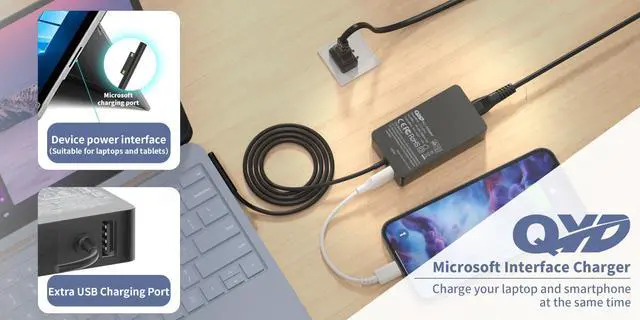 Alt view image 3 of 5 - QYD 127W 15V 8A Laptop Charger Compatible with Microsoft Surface Book 3, 2, 1, Surface Pro 9, 8, 7, 7+, 6, 5, 4, 3, X, Surface Go 3, 2, 1, Windows Surface Laptop 5, 4, 3, 2 Studio Go(10FT Power Cord)