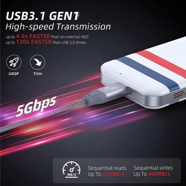 Alt view image 3 of 5 - SAN ZANG MASTER Portable SSD 256 GB, USB C External Solid State Drive with 2 in 1 Cable, Up to 550MB/s, USB 3.1 Gen1, Portable External SSD Data Storage for PC, Mac, Android, Gaming Consoles