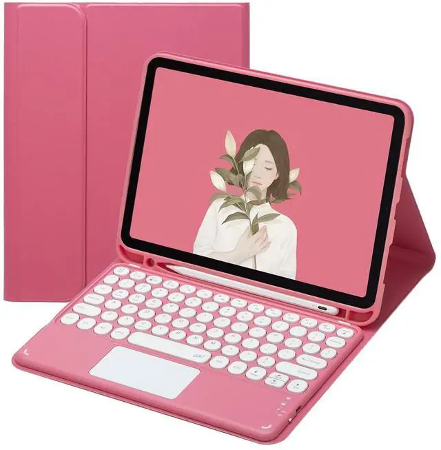 Main image of HENGHUI iPad 9th 8th 7th Generation Air 3 Pro 10.5 inch Keyboard Case with Touchpad Cute Round Key Color Keyboard iPad 9 8 7 10.2 inch Detachable Touch Keyboard Cover (Dark Pink)
