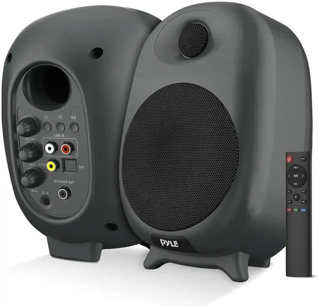 Main image of PyleUsa HiFi 60W Powered Bluetooth Bookshelf Monitor Speaker Set, Optical RCA Input, Bass/Treble Adjustable,Deep Bass, 3 Audio Mode,Studio Computer Desk Stereo System,Remote Control,Black - PBKSR40