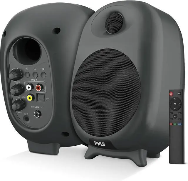 Alt view image 4 of 5 - PyleUsa HiFi 60W Powered Bluetooth Bookshelf Monitor Speaker Set, Optical RCA Input, Bass/Treble Adjustable,Deep Bass, 3 Audio Mode,Studio Computer Desk Stereo System,Remote Control,Black - PBKSR40